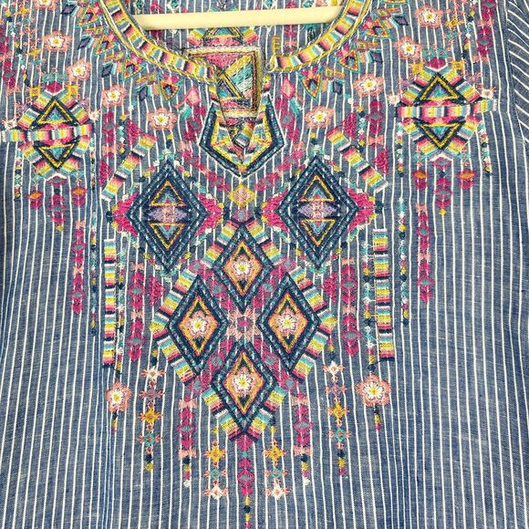 John Mark Linen Embroidered Top Size Large Boho Stripe Split V-Neck - Picture 3 of 7